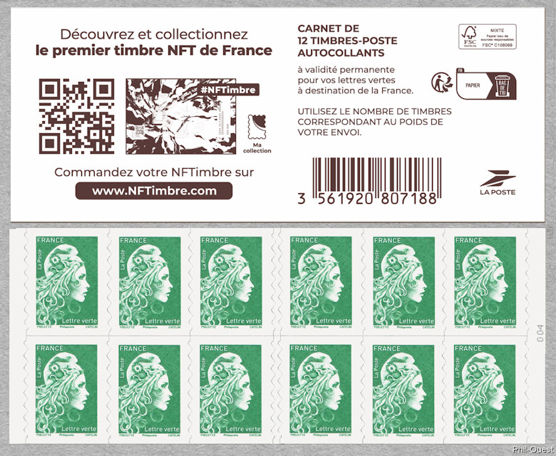 Image du timbre Marianne d'Yseult Digan- Carnet de 12 timbres autoadhésifs pour lettre verte jusqu'à 20g
-Découvrez et collectionnez le premier timbre NFT de  France